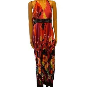 Y2K Magic Maxi Dress L Babydoll Studded Halter Red Black Floral Beach Tropical